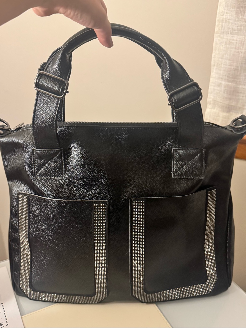 Black gorgeous high quality vegan leather Rhinestone large Tote Bag